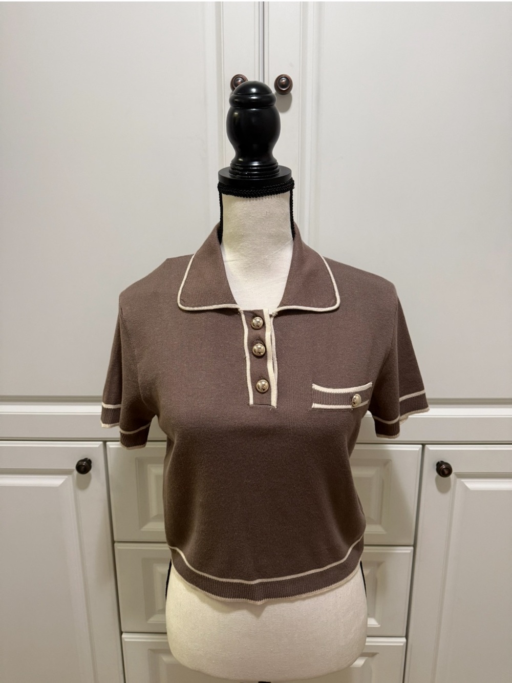 NWT Active USA Taupe trimmed dash pockets knit short sleeve sz m - Picture 4 of 10